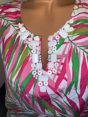 Ruby Rd. Pink Green Palm-Print Mini Dress with White Beaded Neckline